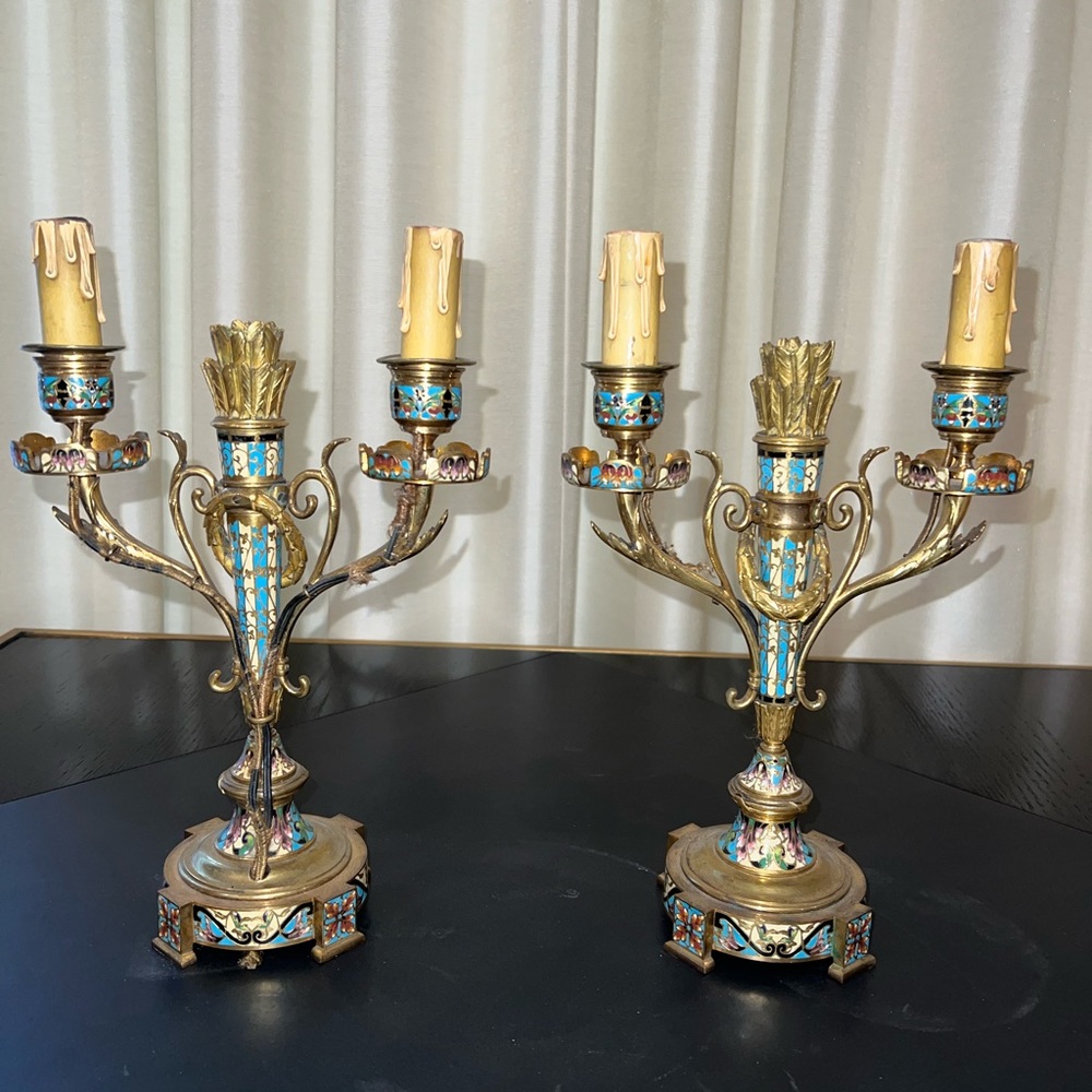 Pair, antique bronze & enamel candelabras